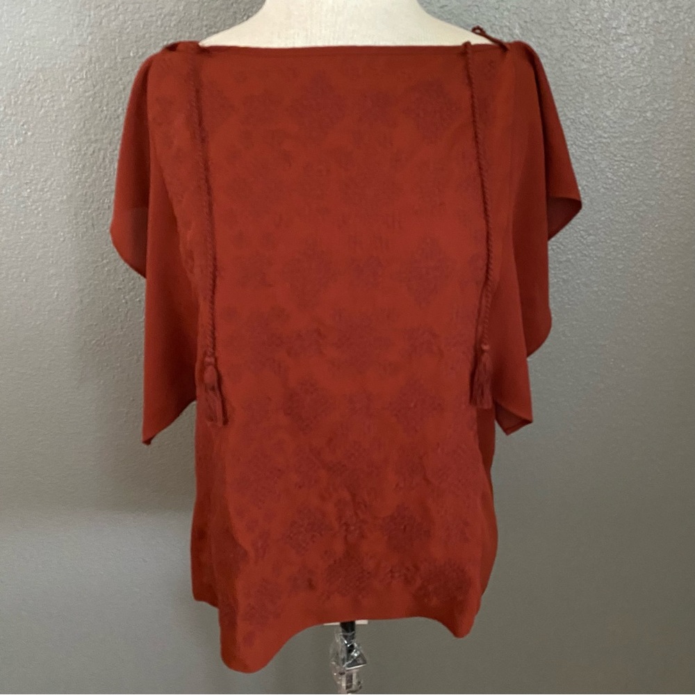 Mossimo Blouse Women's Small Flutter‎ Sleeves Tassels Embroidered  Rust Color